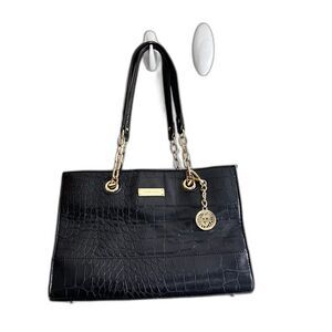 Anne Klein Black Embossed Vegan Leather Shoulder Bag Gold